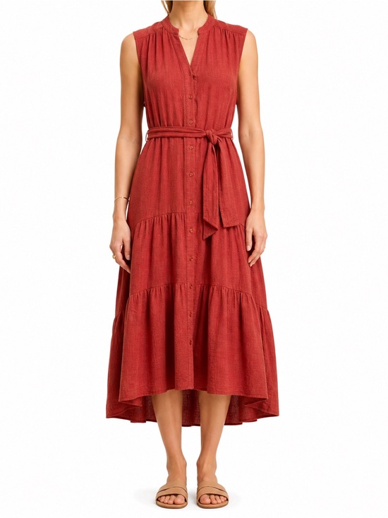 DREW Dresses & Skirts - Drew Amber Cotton Midi Dress Medium Button Front Tie Waist Tiered Boho Summer